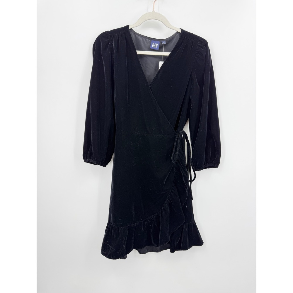 Gap long sleeve Velvet true Wrap‎ Dress Sz S Black Ruffle Hem 826657
